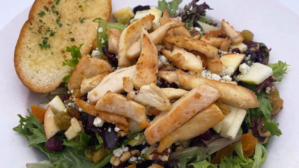 Embarcadero Salad · An entrée salad with spring mix, grilled chicken, pears, apples, walnuts, dried fruit and bleu cheese. Served with a raspberry vinaigrette dressing.