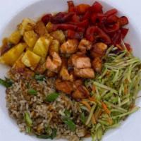 Teriyaki Aloha Bowl · brown rice pilaf, power veggies, red bell pepper, grilled pineapple and pineapple teriyaki s...