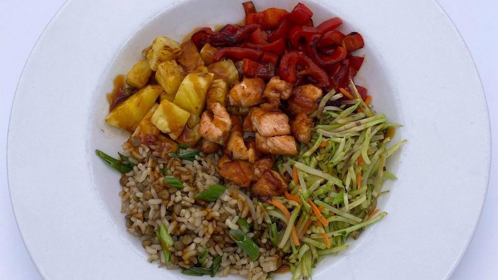 Teriyaki Aloha Bowl · brown rice pilaf, power veggies, red bell pepper, grilled pineapple and pineapple teriyaki sauce