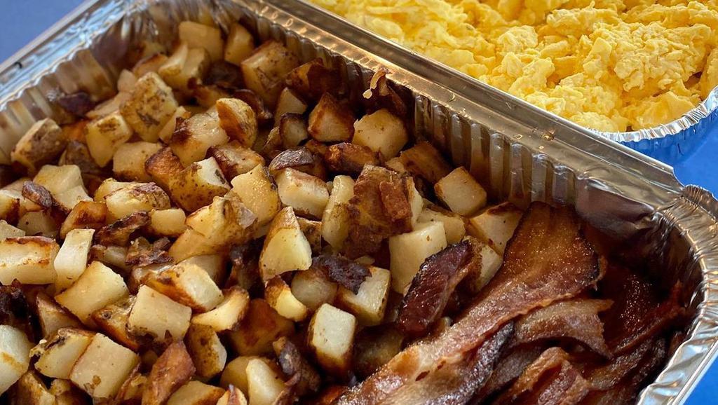 Eye Opener · Scrambled eggs, country-style hashbrowns, choice of sausage, bacon, ham or chicken apple sausage. Served with Hobee's World Famous Blueberry Coffeecake!