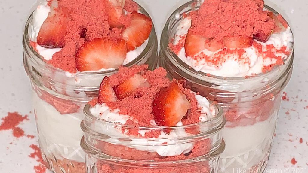 Vegan Strawberry Crunch Cheesecake Jar · Vanilla cake base topped with no-bake cheesecake and fresh strawberries and dried strawberries and golden Oreos (go to ig like.Dat.Vegan for pictures).