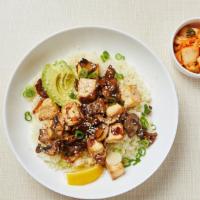 Keto Korean Tofu Bowl (V) · Cauliflower rice, sauteed mushroom, caramelized onion, low-carb soy sauce and sesame oil mar...