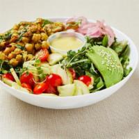 Mediterranean Chickpeas Salad (V) · Mixed green salad (arugula, spinach, lettuce) served with roasted curry chickpeas with mushr...