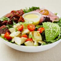 Mediterranean Meatball Salad · Mixed green salad (arugula, spinach, lettuce) served with roasted lamb & beef kebab, grape t...