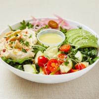 Vegan Hummus Salad · Mixed green salad (arugula, spinach, lettuce) served with homemade creamy hummus, grape toma...