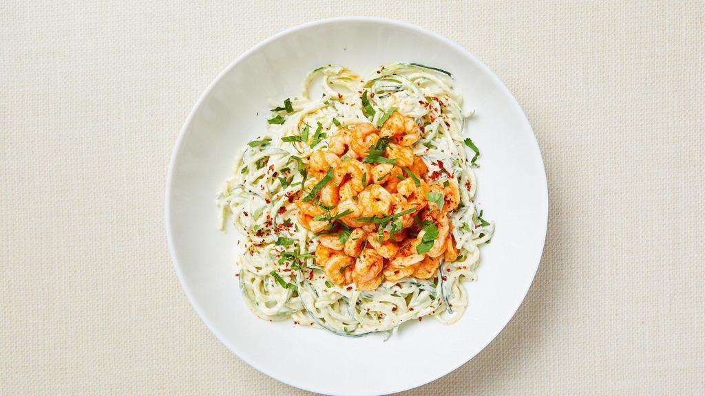 GF Shrimp Alfredo Zoodle · Pan roasted zucchini noodles served with homemade Alfredo sauce, parmesan, spicy garlic shrimp and fresh parsley. Gluten-free. Keto.