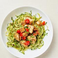 GF Chicken Pesto Zoodle · Pan roasted zucchini noodles served with homemade pesto sauce, grape tomatoes, parmesan, sea...