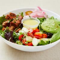 GF Beyond Salad (V) · Mixed green salad (arugula, spinach, lettuce) served with seasoned Beyond (plant-based) meat...