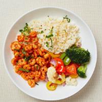 Paleo Shrimp Rice Bowl · Cauliflower rice, spicy garlic shrimp and roasted seasonal vegetables (bell peppers, broccol...