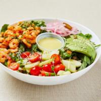 Paleo Shrimp Salad · Mixed green salad (arugula, spinach, lettuce) served with spicy garlic shrimp, grape tomato,...