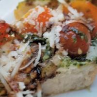 Bruschetta · Toasted ciabatta, pesto ricotta spread, cherry tomatoes, white onions, fresh basil, asiago, ...