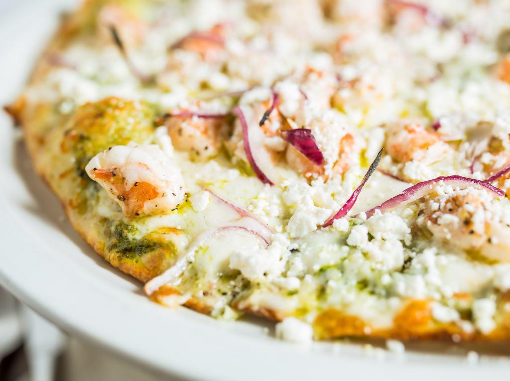 Tony’s Special · Marinated prawns, red onions, mozzarella, and 1515's pesto sauce, topped with feta cheese.