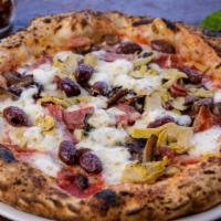 Capricciosa · Tomato Sauce, Mozzarella, Ham, Salami, Artichoke, Mushroom, Olive