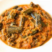 Vegan Bhindi Masala (Okra) · Okra sautéed with onion, vegetarian masala sauce, and tomato base.