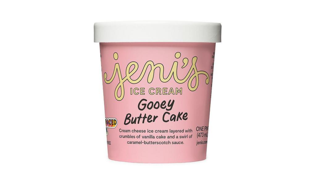 Jeni's Gooey Buttercake (GF) · Cream cheese ice cream layered with crumbles of soft vanilla cake and swirls of made-from-scratch caramel-butterscotch sauce. Contains dairy and eggs. We cannot make substitutions.