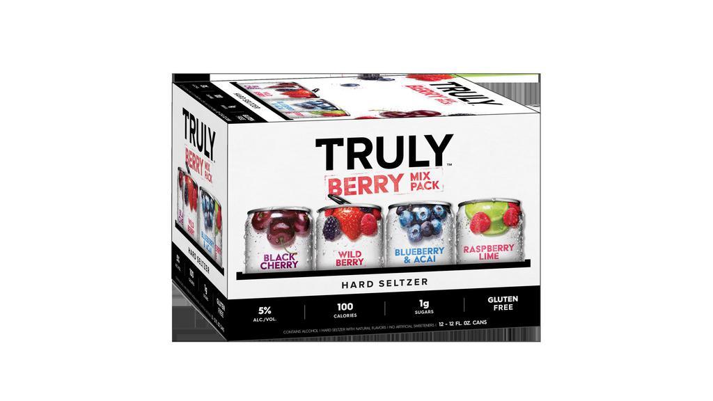 Truly Hard Seltzer Berry Variety Pack (12 Oz X 12 Ct) · Truly Hard Seltzer Berry Mix Pack brings the natural sweet and juicy flavors of fresh picked berries with a light, clean finish. With Black Cherry, Wild Berry, Blueberry & Acai, and Raspberry Lime, there‚Äôs a berry delicious flavor for everyone. Each 12oz. can of Truly has 100 calories, 5% alc./vol. and 1g sugars for refreshment that won‚Äôt weigh you down. Three 12 oz. cans of each flavor.