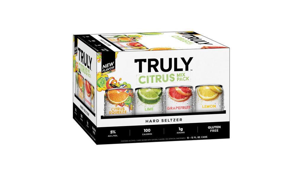 Truly Hard Seltzer Citrus Variety Pack (12 Oz X 12 Ct) · Truly Hard Seltzer Citrus Mix Pack brings the bright, refreshing flavors of classic citrus fruits. This pack is filled with four delightfully crisp citrus flavors: Lime, Grapefruit, Lemon, and New Citrus Squeeze. Each 12oz. can of Truly has 100 calories, 5% alc./vol. and 1g sugars for refreshment that won‚Äôt weigh you down. Three 12 oz. cans of each flavor.
