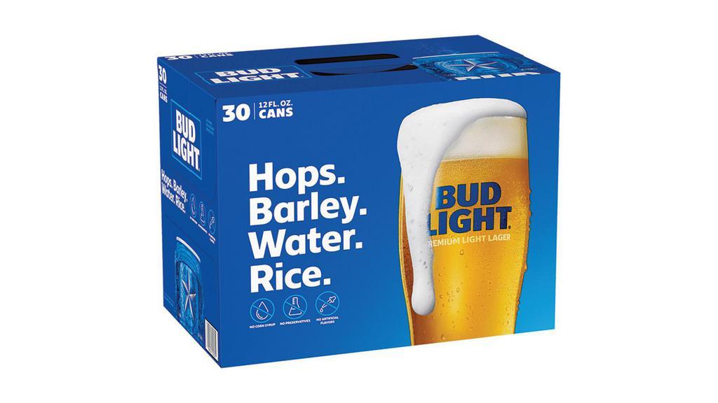 Bud Light Can (12 Oz X 30 Ct) · Bud Light is a premium beer with incredible drinkability that has made it a top selling American beer that everybody knows and loves. This light beer is brewed using a combination of barley malts, rice and a blend of premium aroma hop varieties. Featuring a fresh, clean taste with subtle hop aromas, this light lager delivers ultimate refreshment with its delicate malt sweetness and crisp finish. Bud Light is made with no preservatives or artificial flavors. Grab this pack of beer cans when you're in charge of providing party drinks, are in need of cold beer for a tailgate or simply want to keep a pack in your fridge so you're ready when Bud Light calls your name.