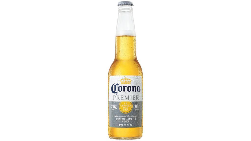 Corona Premier Bottle (12 oz x 6 ct) · Corona Premier Mexican Lager Beer is the light beer experience you desire, offering an exceptionally smooth taste with fewer calories than both Corona Extra and Corona Light. This lower-calorie*, lower-carb Corona beer contains just 90 calories per 12 oz serving, but with a flavor that is equally as satisfying. This Mexican lager style beer is made with barley malt, unmalted cereals, hops, and bottom-fermenting yeast. The result is a perfectly balanced and drinkable Corona beer with a touch of sweetness and a clean, pleasantly dry finish. Perfect for pairing with grilled pork and chicken, seafood and shellfish, and other fresh dishes, this imported beer also is the ideal complement to Mexican food. Share this bottled beer 6 pack with friends on the golf course or with guests at a backyard barbecue, or enjoy the crisp, refreshing taste of this light lager cerveza on its own. *Per 12 fl. oz. serving of average analysis: Calories 90, Carbs 2.6 grams, Protein 0.7 grams, Fat 0 grams. Drink responsibly. Corona Premier¬Æ Beer. Imported by Crown Imports, Chicago, IL
