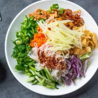 Rainbow Salad · Egg noodle, two types of rice noodles, vermicelli noodle, red onions, cucumber, cabbage pota...