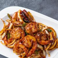 Burmese Shrimp · Wok-sautéed shrimp with onions, garlic, ginger, jalapeños, dried chilis, soy sauce, hoisin, ...