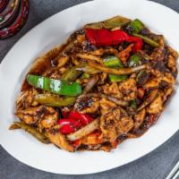 Black Pepper Chicken · Marinated chicken with onions, red and green bell peppers, celery, carrots, garlic, white wi...