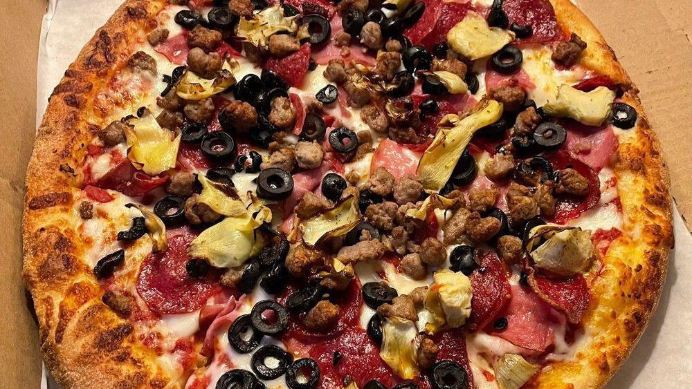 2. San Francisco Special Pizza · X-large. Canadian bacon, pepperoni, artichoke heart, feta cheese, black olives, fresh garlic and sausages.