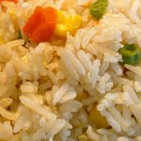 Fried Rice · Contains chicken, eggs, peas and carrots.
