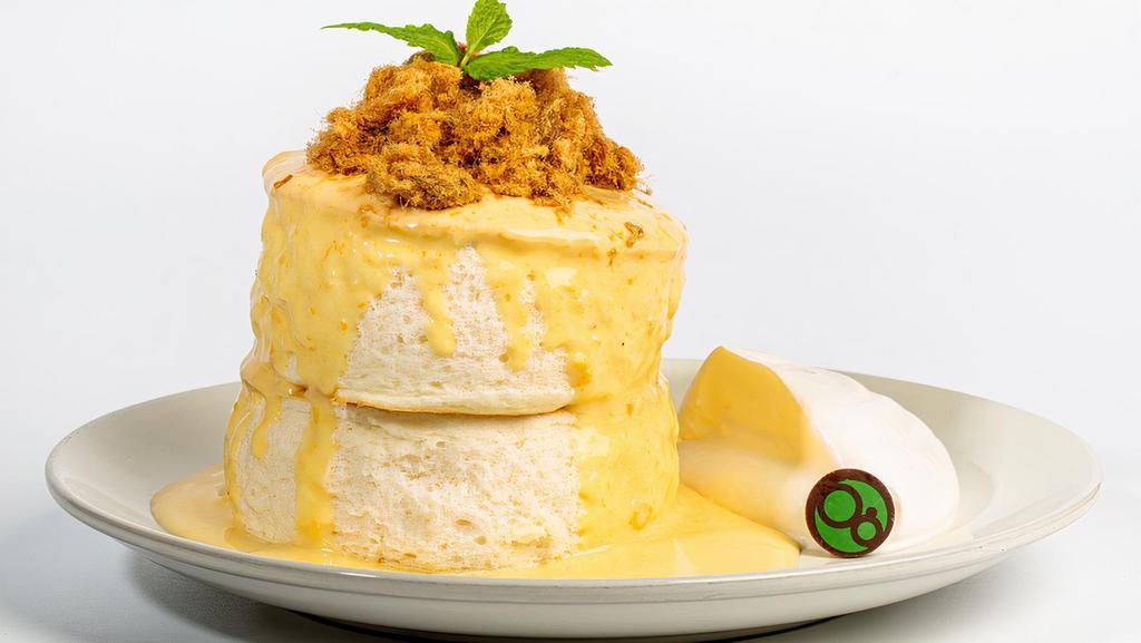 Salted Egg Yolk Two Stack  · *Premium Flavor* Gram's Hot Premium Souffle Pancakes topped with Salted Egg Yolk Sauce and pork floss, served with a side of our housemade fresh whipped cream. Please allow up to 30 minutes as each two stack is made fresh to order.