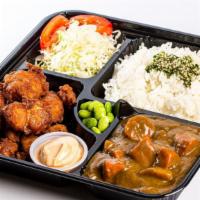 Chicken Karaage Curry Bento · Japanese style fried chicken. Served with housemade curry, edamame, and Japanese style salad.