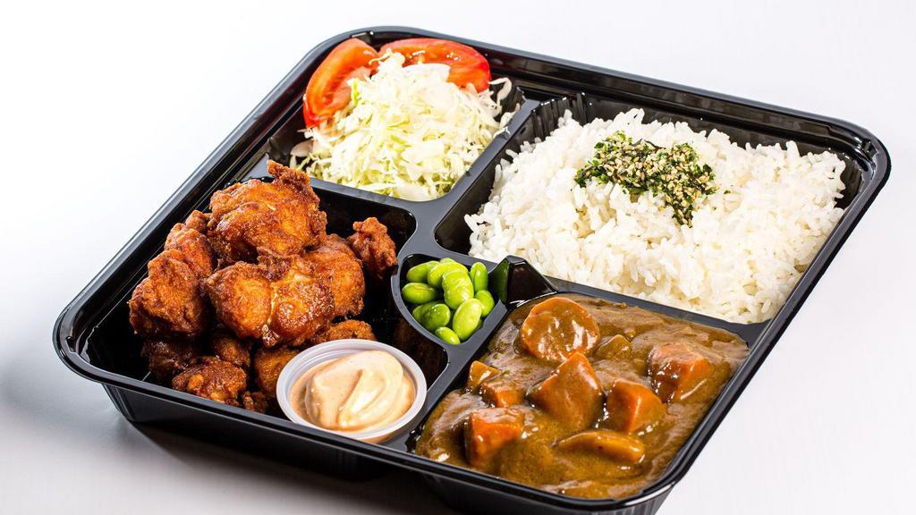 Chicken Karaage Curry Bento · Japanese style fried chicken. Served with housemade curry, edamame, and Japanese style salad.
