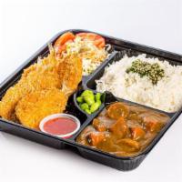 Aji Fry Curry Bento · Deep fried fish. Served with housemade curry, edamame, and Japanese style salad.