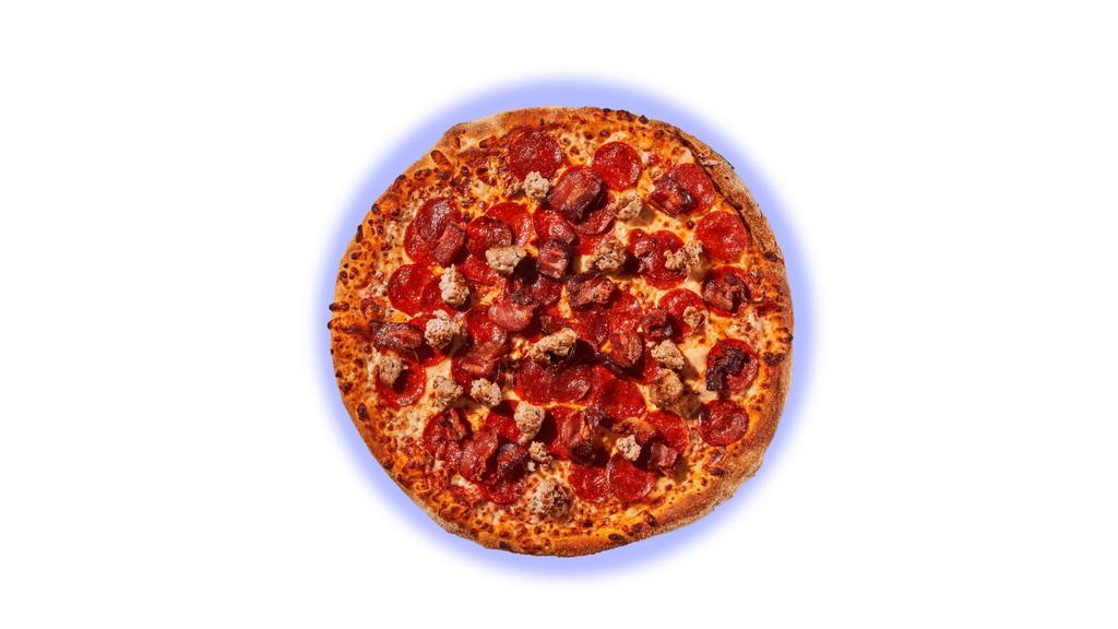 Lightning Meat · All the meat you need to scale your pizza to the next level. Pepperoni, sausage, ham, and meatballs, piled high with house made red sauce and topped with a blend of freshly grated cheese.
