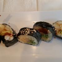 Tempura Roll · Shrimp tempura, cucumber, avocado, eel sauce, and sesame.