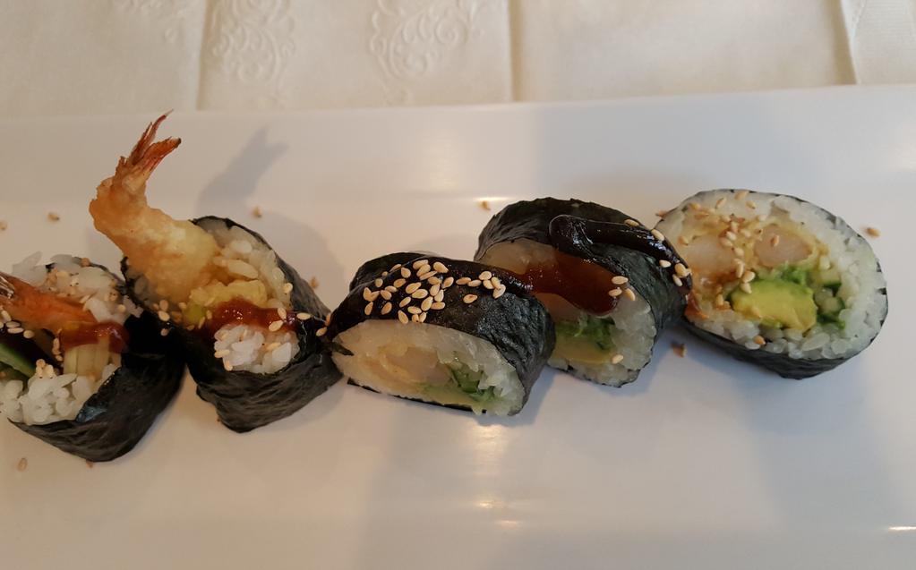 Tempura Roll · Shrimp tempura, cucumber, avocado, eel sauce, and sesame.