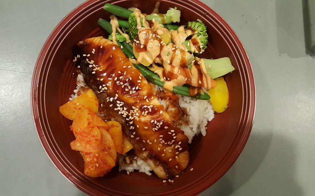 Salmon Teriyaki Bowl · Salmon teriyaki over steam rice. Served with miso and salad.