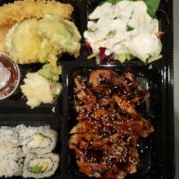 Chicken Teriyaki Combo · Chicken teriyaki,  Mixed Tempura (4PCS) ,
California roll,  Served with miso soup, rice, and...