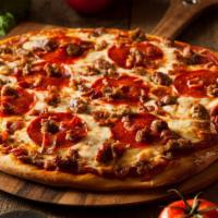 Halal Meat Eater (Salami, Pepperoni) Pizza  · Halal salami, halal pepperoni, bell peppers, mushrooms, and red onions.