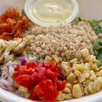 Greens Quinoa Grain Bowl · Roasted fennel, roasted corn fire roasted red bell pepper, fine herbs, dried apricot, red on...