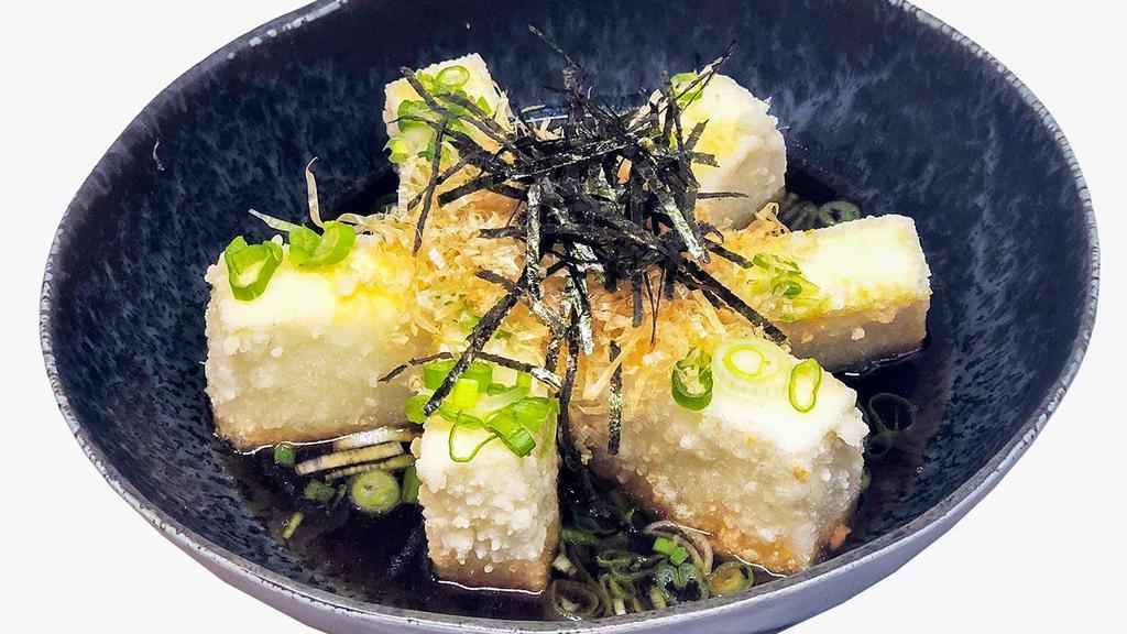 Agedashi Tofu · Deep fried tofu with katsuobushi, tempura sauce.