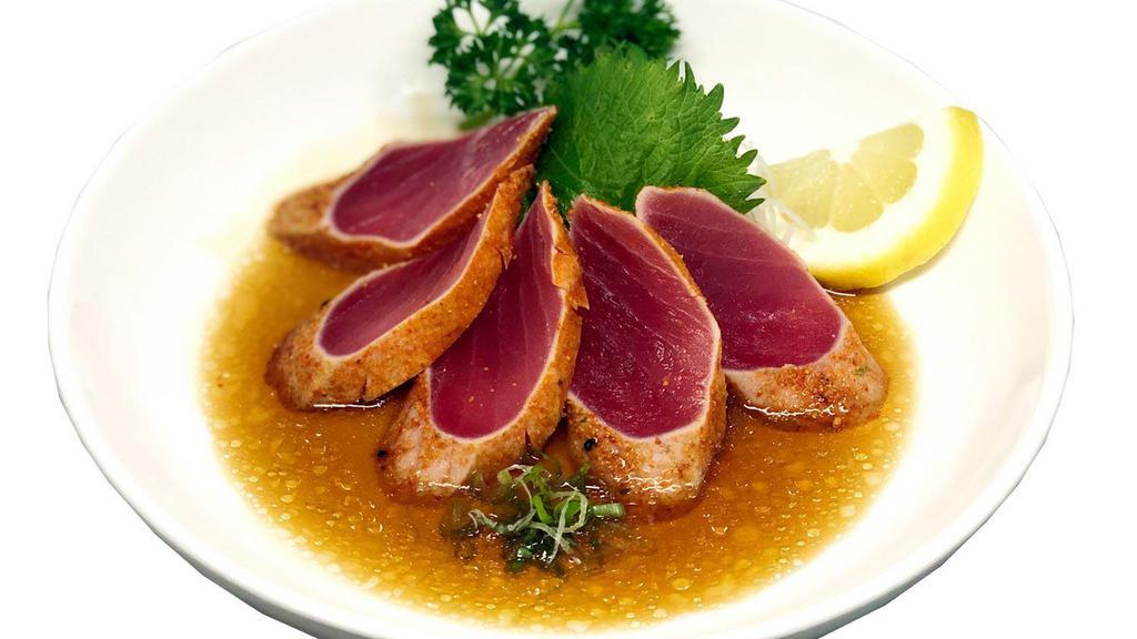 Tuna Tataki · Seared tuna with citrus yuzu sauce.