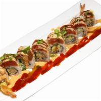 Red Dragon · Shrimp tempura, cucumber, spicy tuna, green onion, unagi sauce, spicy mayo.
