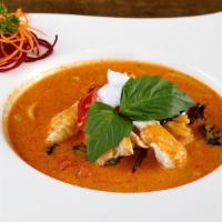 Red Curry · Gluten-free. Medium. Red chilies, coconut milk, basils, bamboo shoots, jalapeño and bell pep...
