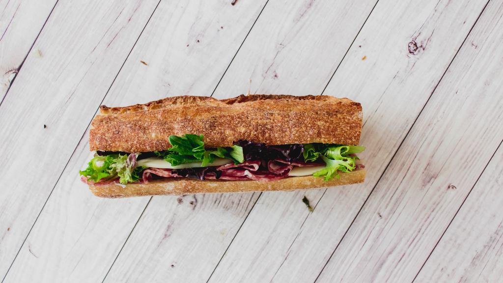 Salami & Provolone Ficelle · Sopressata & provolone cheese on a buttered Ficelle  baguette with organic baby greens.