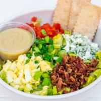 Rustic Chop Salad · Chopped Romaine, tomatoes, hard-cooked eggs, bacon and scallions, topped with Pt. Reyes blue...
