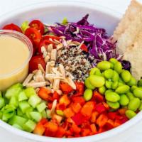 Quinoa & Veggie Salad · Quinoa, snap peas, edamame, cabbage, cucumber, red bellpepper, cherry tomatoes, cilantro, mi...