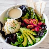 Chicken Salad Platter · Our chicken salad on a bed of mixed  baby greens, sliced avocado, cherry tomatoes & chives, ...
