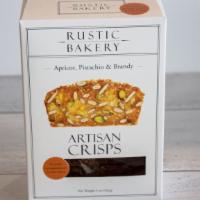 Apricot, Pistachio & Brandy Artisan Crisps · 5 oz. box.  The perfect accompaniment to fine cheese.  Pairs well with Triple Creme Brie, Ro...