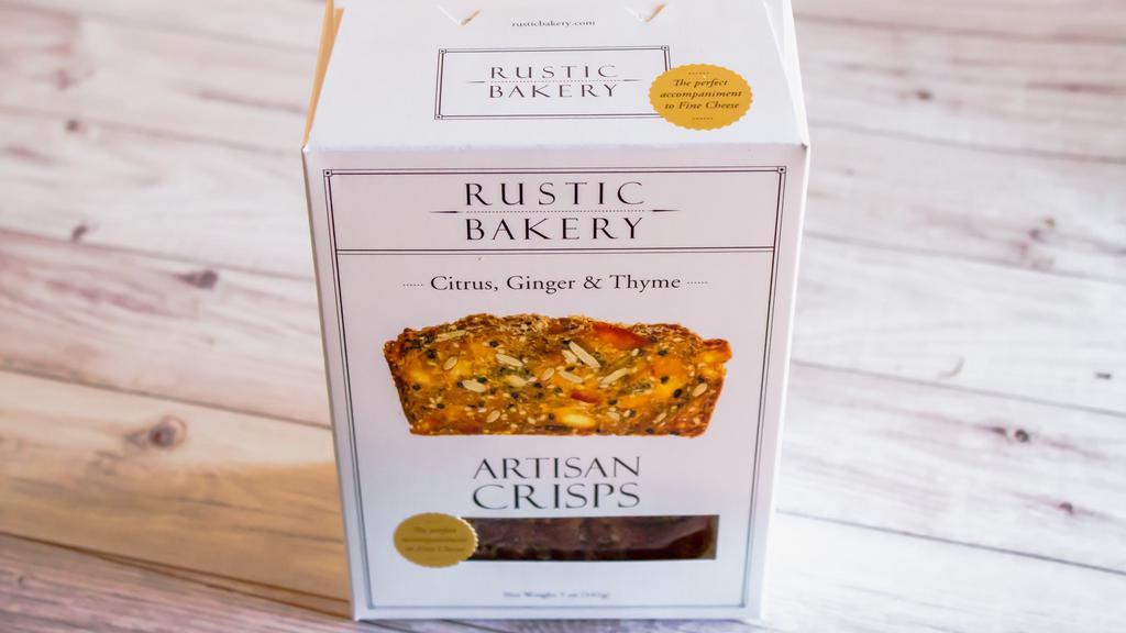 Citrus, Ginger & Thyme Artisan Crisps · 5 oz box    The perfect accompaniment to fine cheese.  This crisp pairs well with fresh Chèvre, Ricotta, Mascarpone, and Stilton cheese.