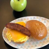 Egg, Sausage ＆ Cheese Sandwich · 2 eggs scrambled, chicken sausage and melty cheddar cheese on a brioche bun.
